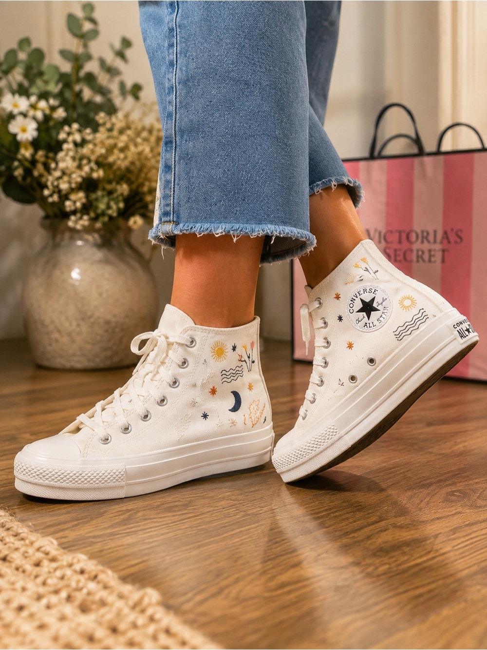 Converse White High-Top Sneakers with Sun, Moon & Stars Graphics